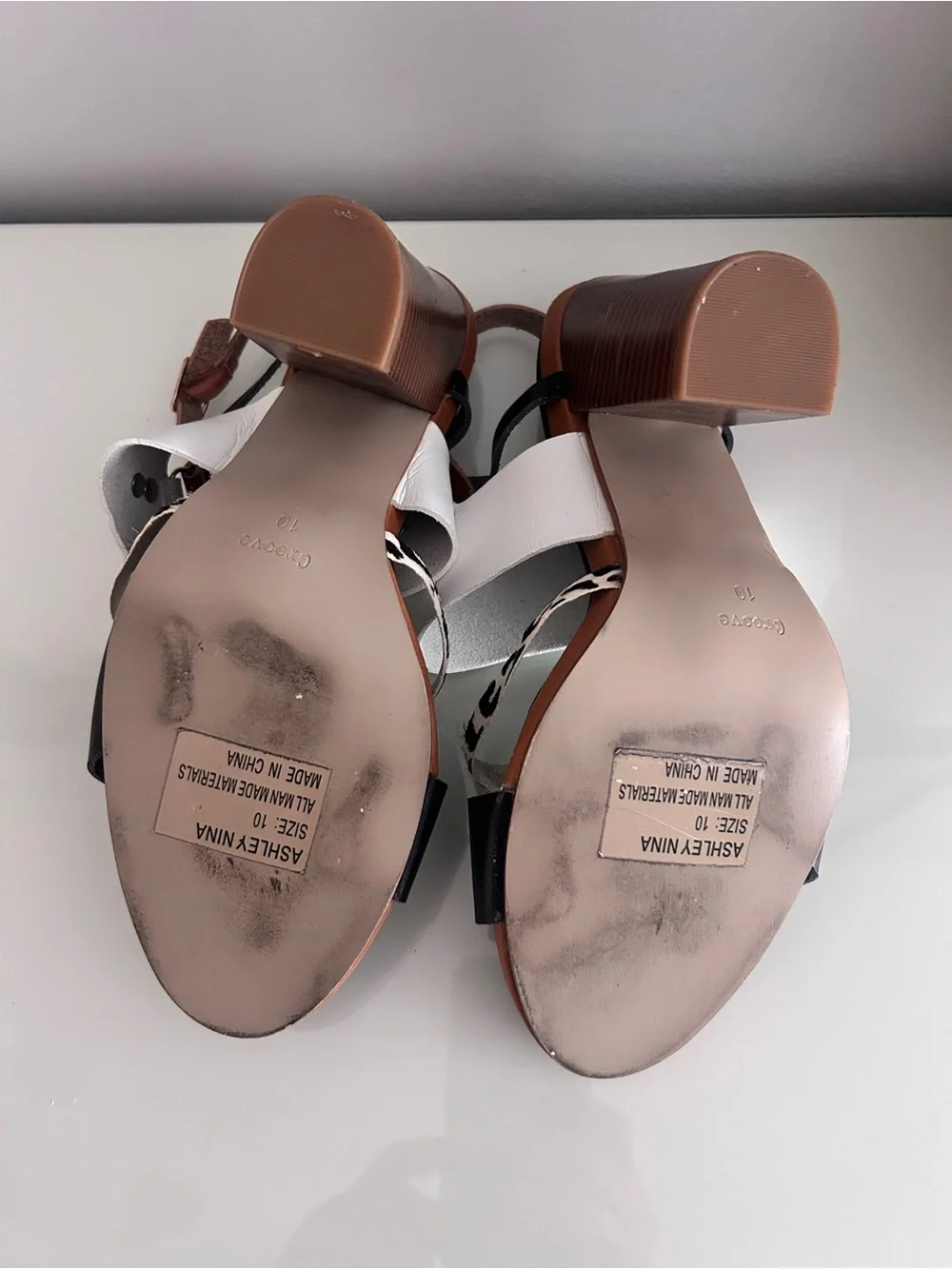 Chic Women's Mixed-Color Block Heel Sandals - White, Black & Brown